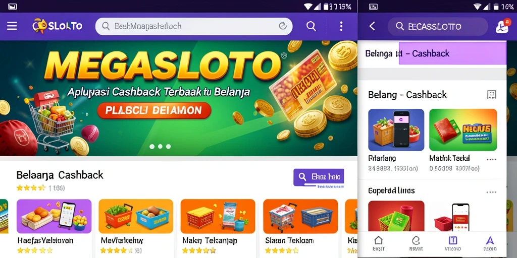 Antarmuka aplikasi MEGASLOTO yang menampilkan penawaran cashback.
