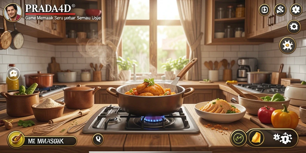 Screenshot game PRADA4D yang menunjukkan antarmuka memasak yang menarik.